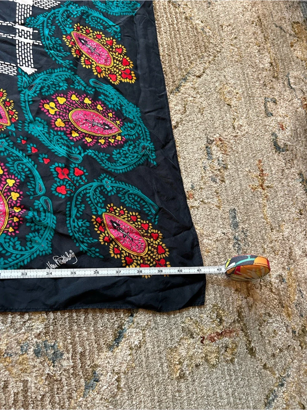 Diane Von Furstenberg Navy Scarf with Pink and Teal Floral Medallions